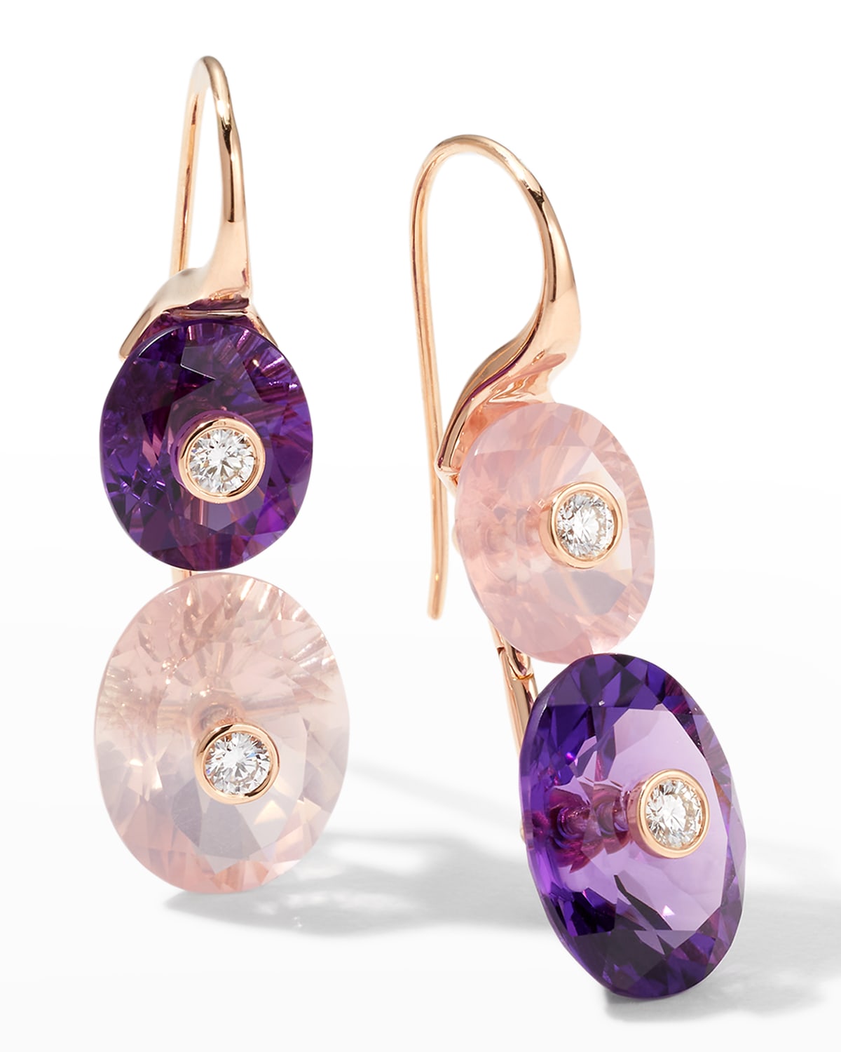 18K Rose Gold Fish Hook 2 Oval Amethyst and 2 Oval Rose Quartz Earrings with 4 Round Diamonds