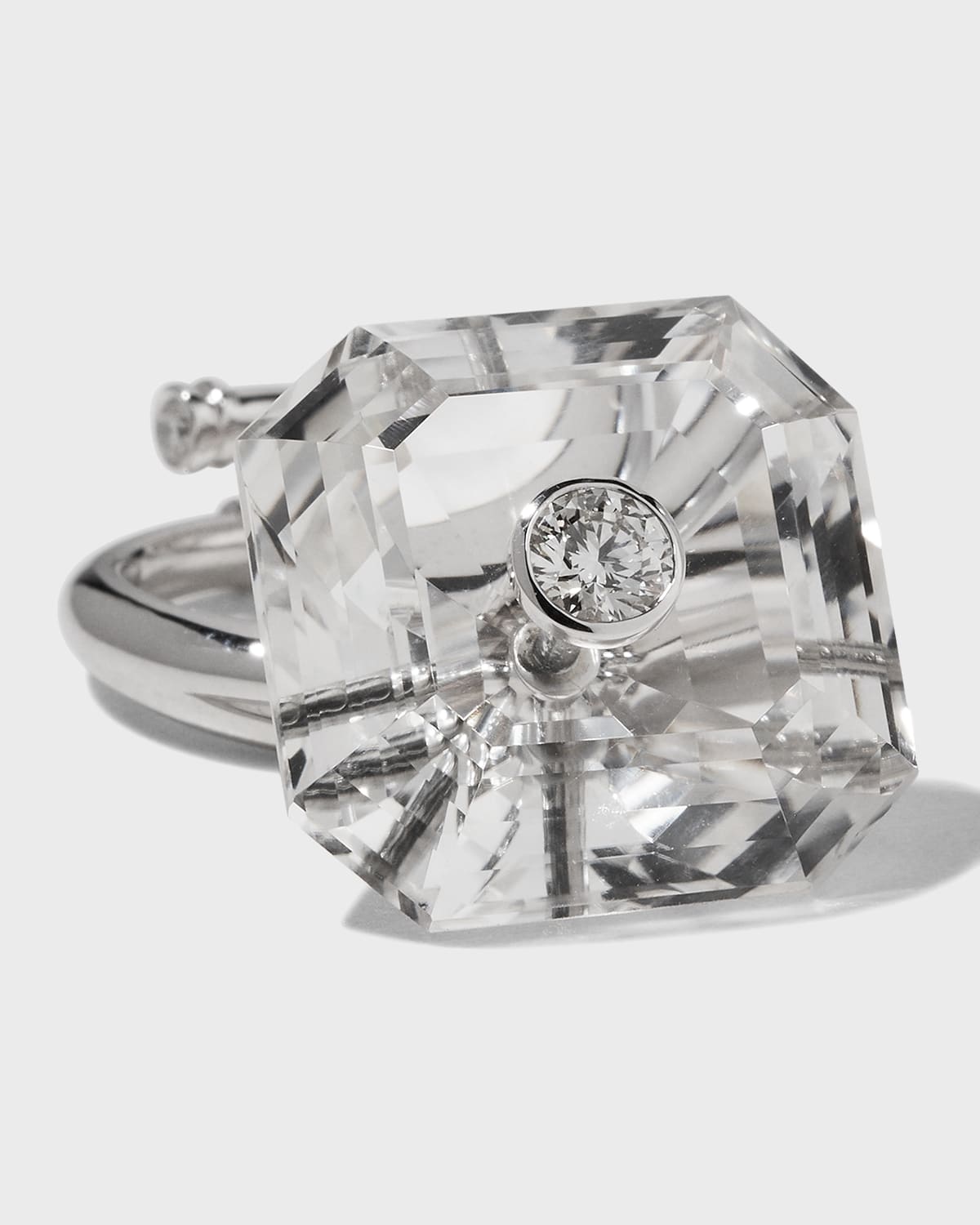 18k White Gold Rock Quartz Ring with Diamonds, Size 5.5