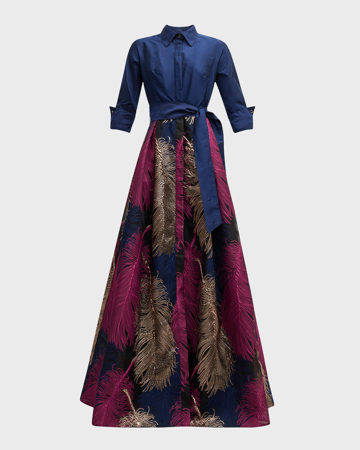 Rickie Freeman For Teri Jon Taffeta Shirtdress W/ Feather Metallic Jacquard In Navy Multi