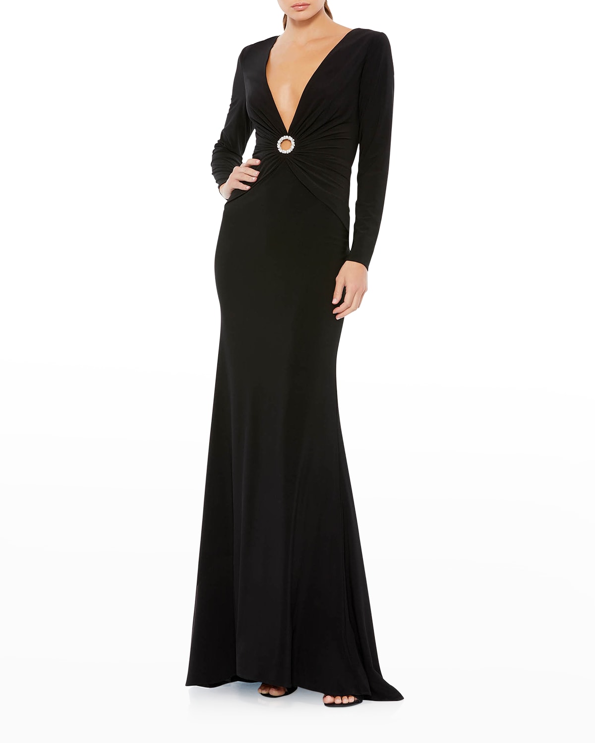 Ieena for Mac Duggal Plunging Long-Sleeve Jersey Keyhole Gown