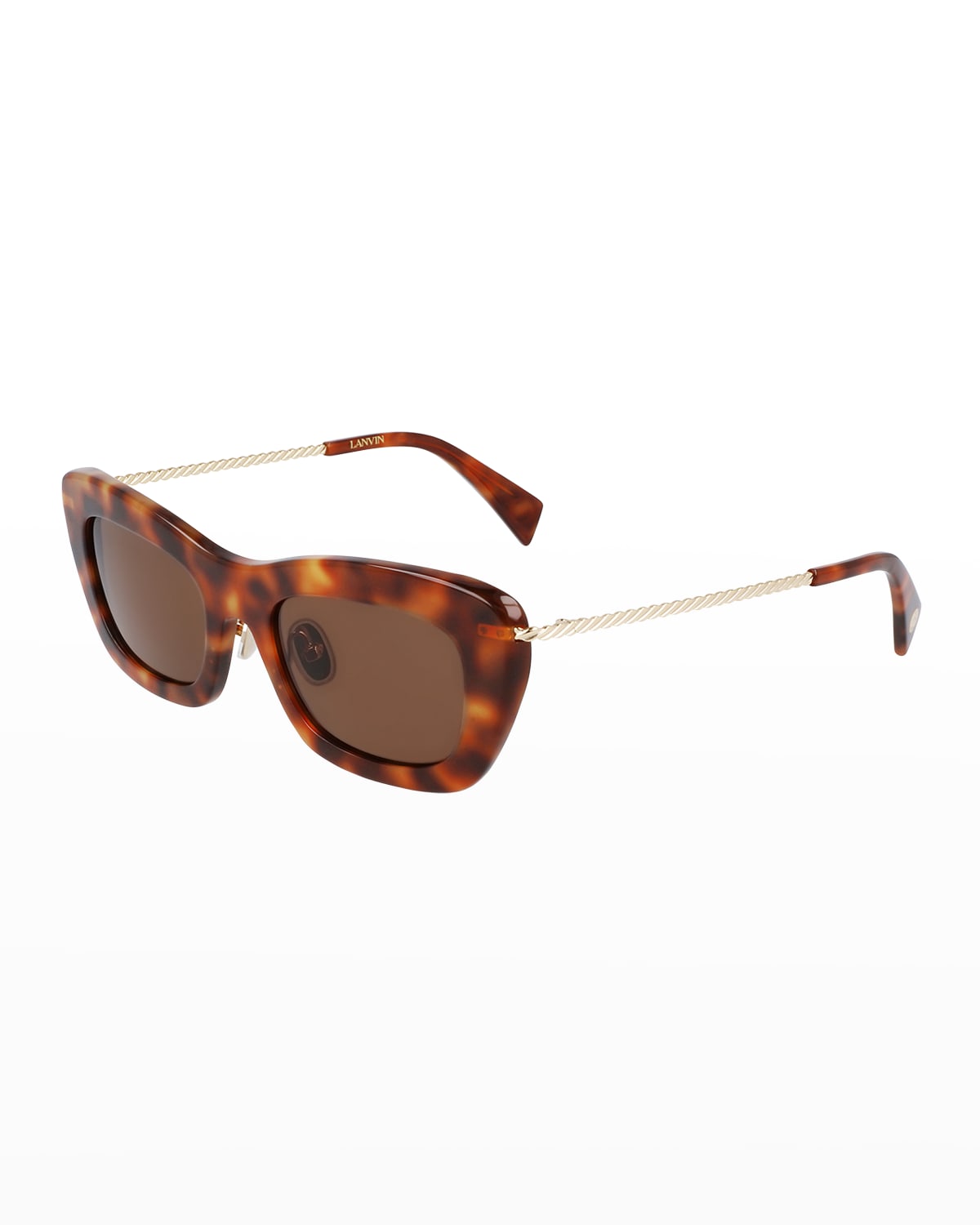 Shop Lanvin Babe Rectangle Twisted Metal/acetate Sunglasses In Light Havana