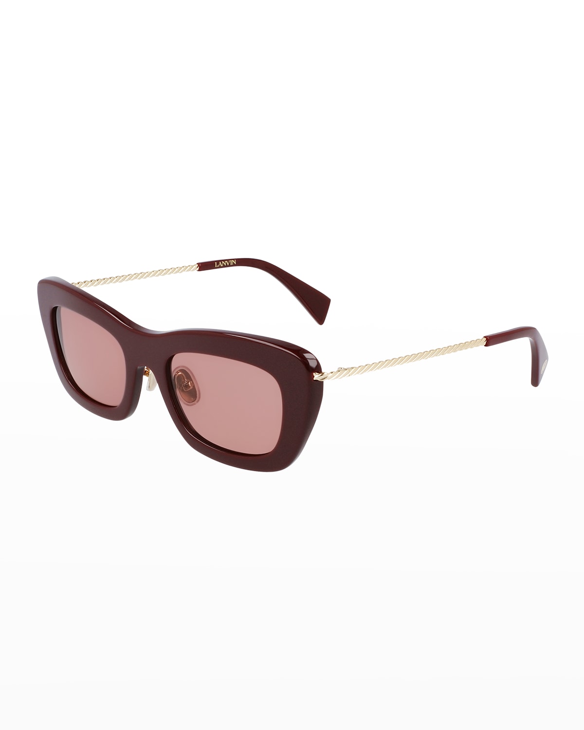 Shop Lanvin Babe Rectangle Twisted Metal/acetate Sunglasses In Burgundy