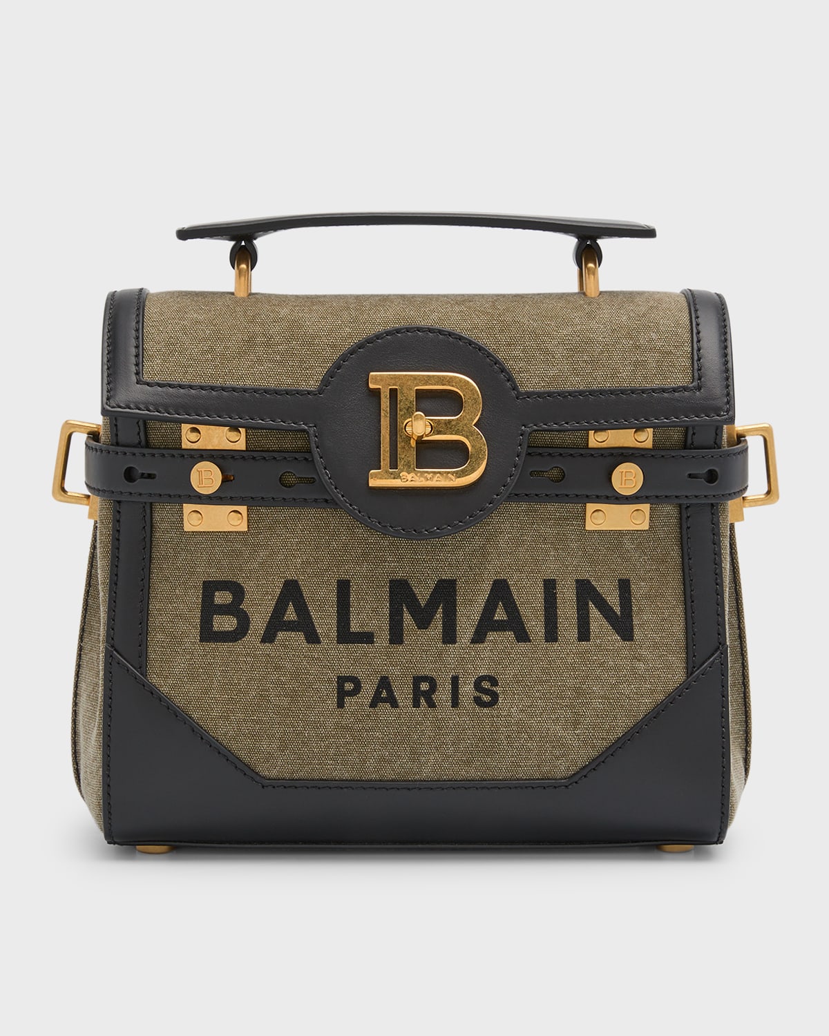 Balmain Bbuzz 23 Logo Canvas Satchel Bag In Kaki Noir