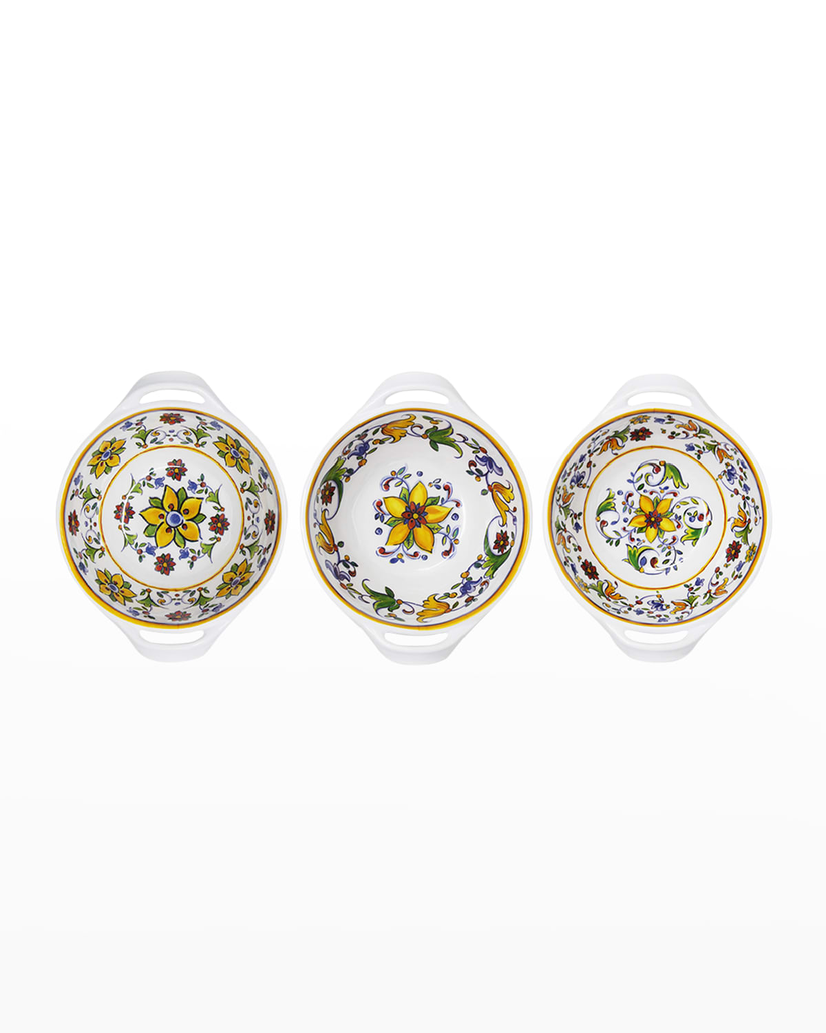 Shop Le Cadeaux Set Of 3 Mini Handled Bowls 6" Assorted Patterns In Capri