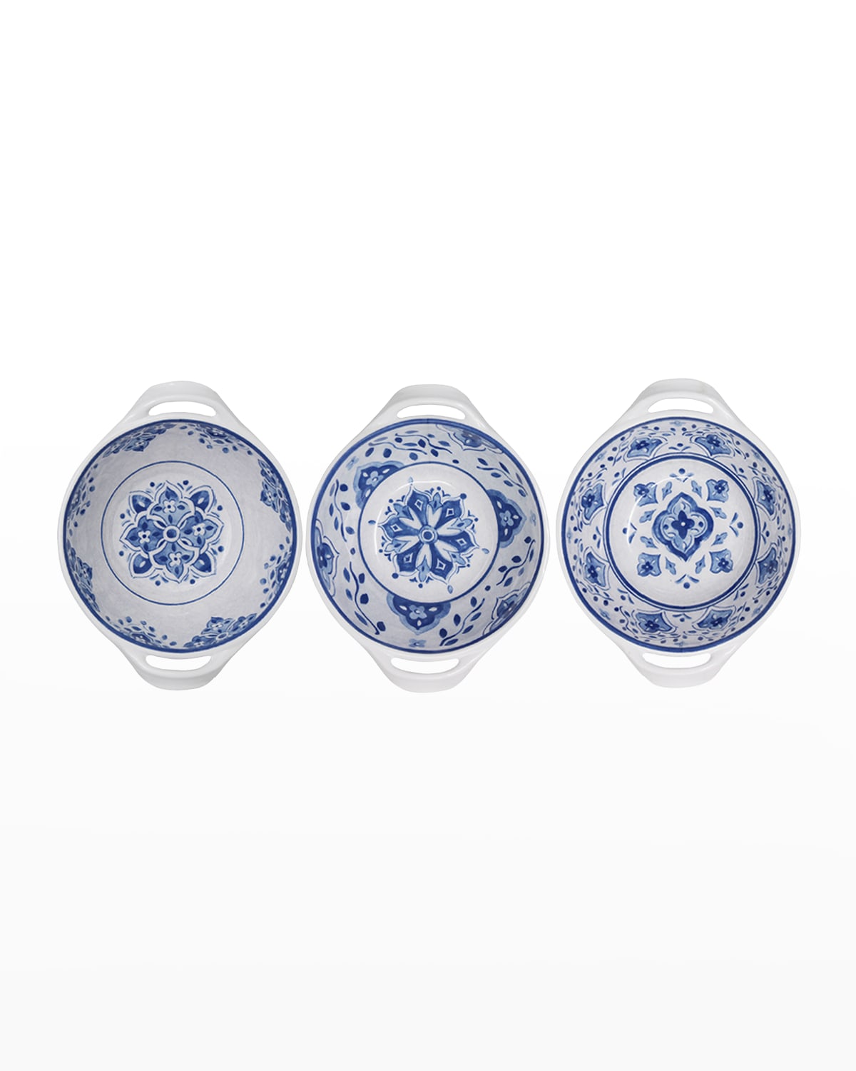 Shop Le Cadeaux Set Of 3 Mini Handled Bowls 6" Assorted Patterns In Moroccan Blue