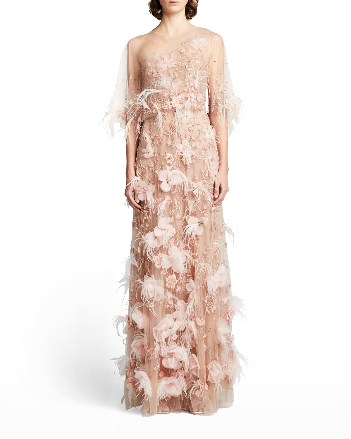 MARCHESA FLORAL & FEATHER EMBELLISHED ILLUSION GOWN