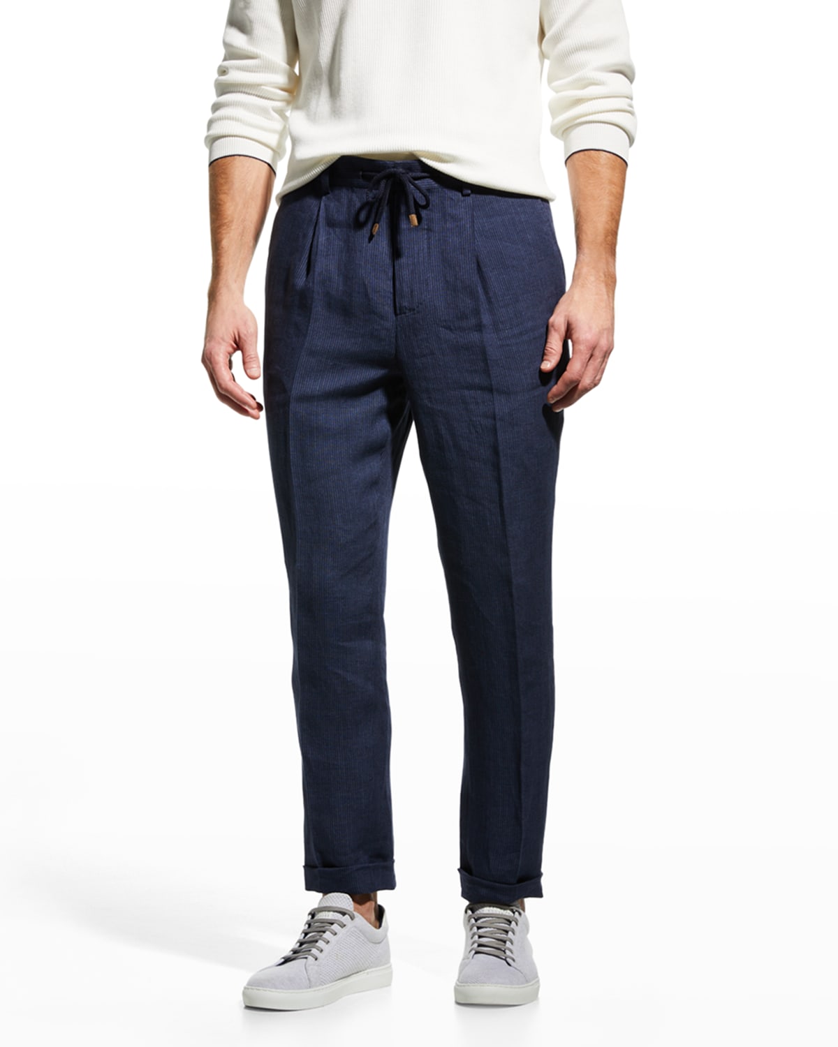 Brunello Cucinelli Men's Pleated Micro-Stripe Drawstring Trousers
