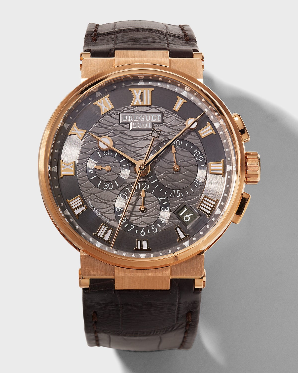 Breguet Rose Gold Marine Chronograph Gray Dial Watch With Leather Strap