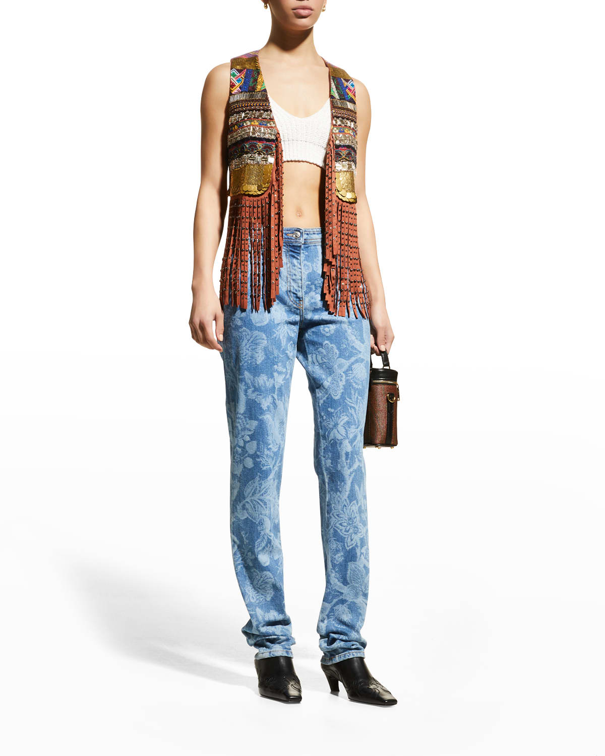 Etro Embellished Fringed Suede And Cotton-voile Vest In Multi