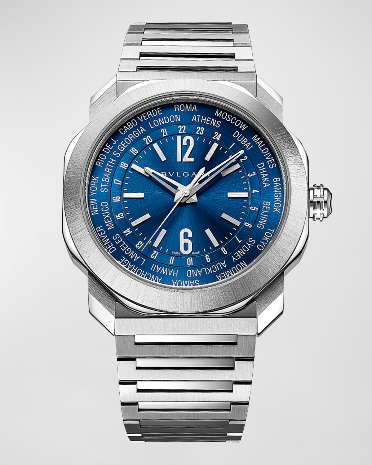 Shop Bvlgari Men's 41mm Octo Finissimo World Timer Automatic Bracelet Watch, Blue