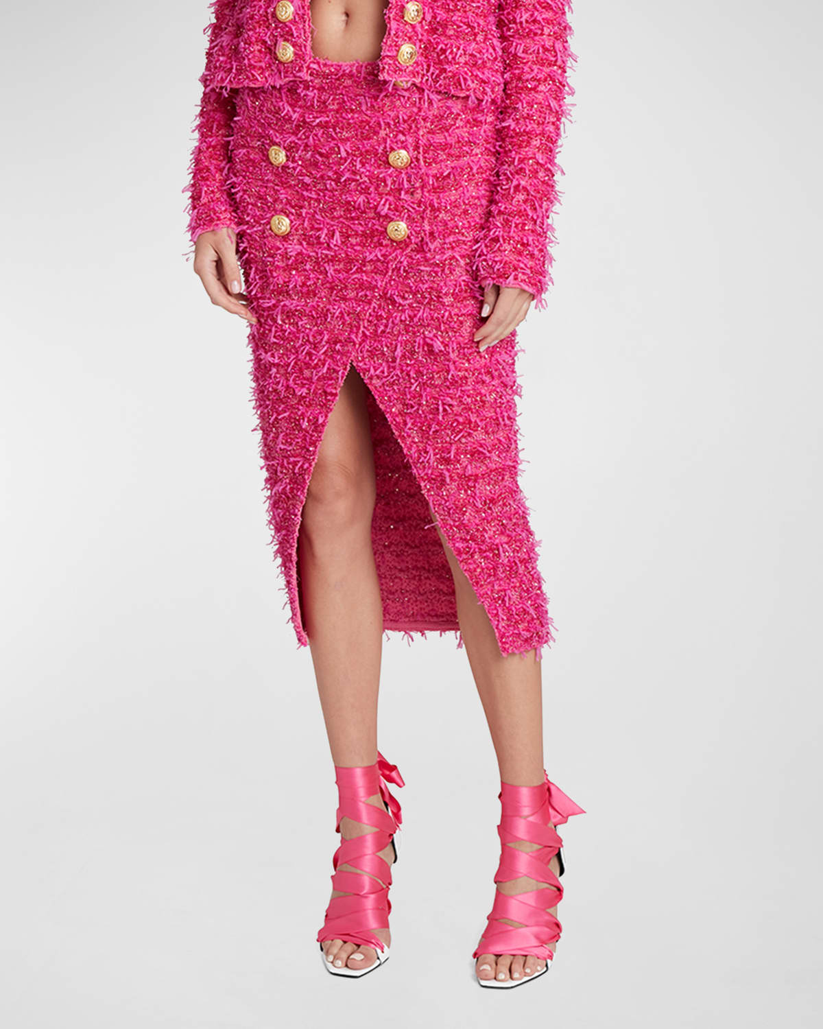 Balmain x Barbie Capsule 6-Button Metallic Tweed Midi Skirt
