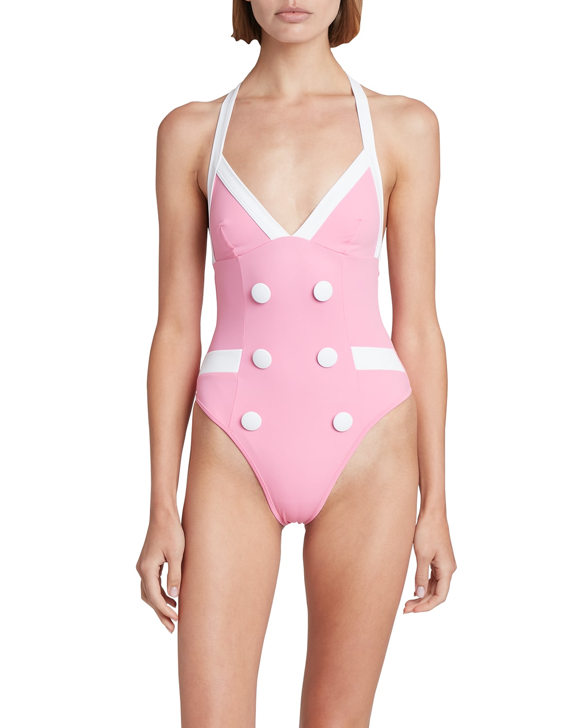 Balmain x Barbie 6-Button Halter One-Piece Swimsuit