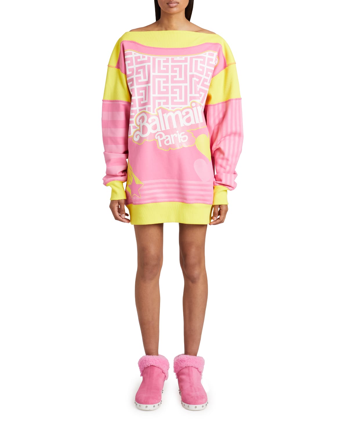 Balmain x Barbie Monogram-Print Colorblock Mini Sweatshirt Dress