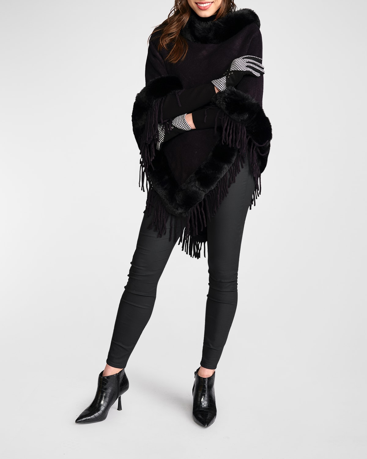 Angela Knit Poncho w/ Faux Fur-Trim