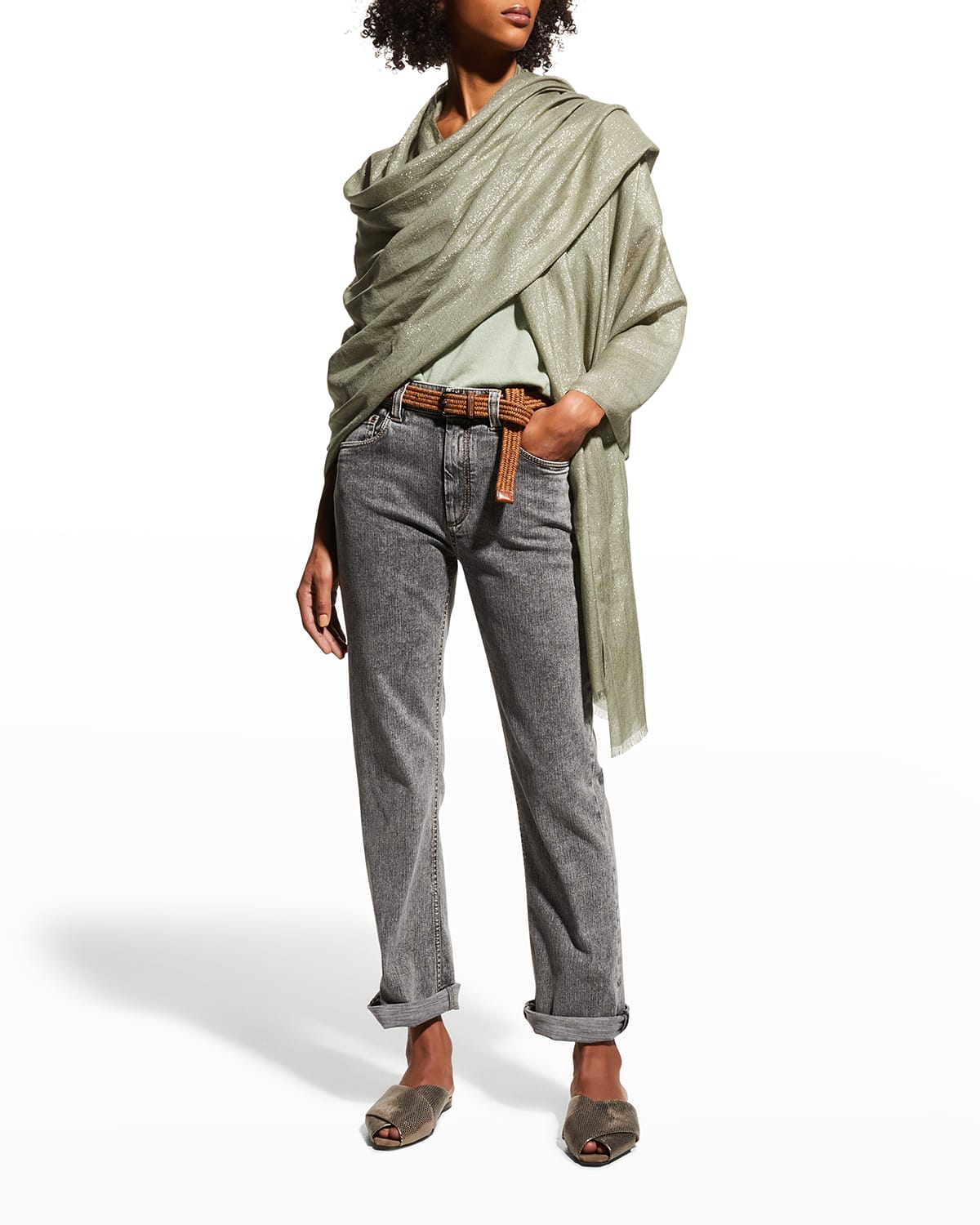 Brunello Cucinelli Women's Fringed Silk & Cashmere Scarf In C6896 Bamboo