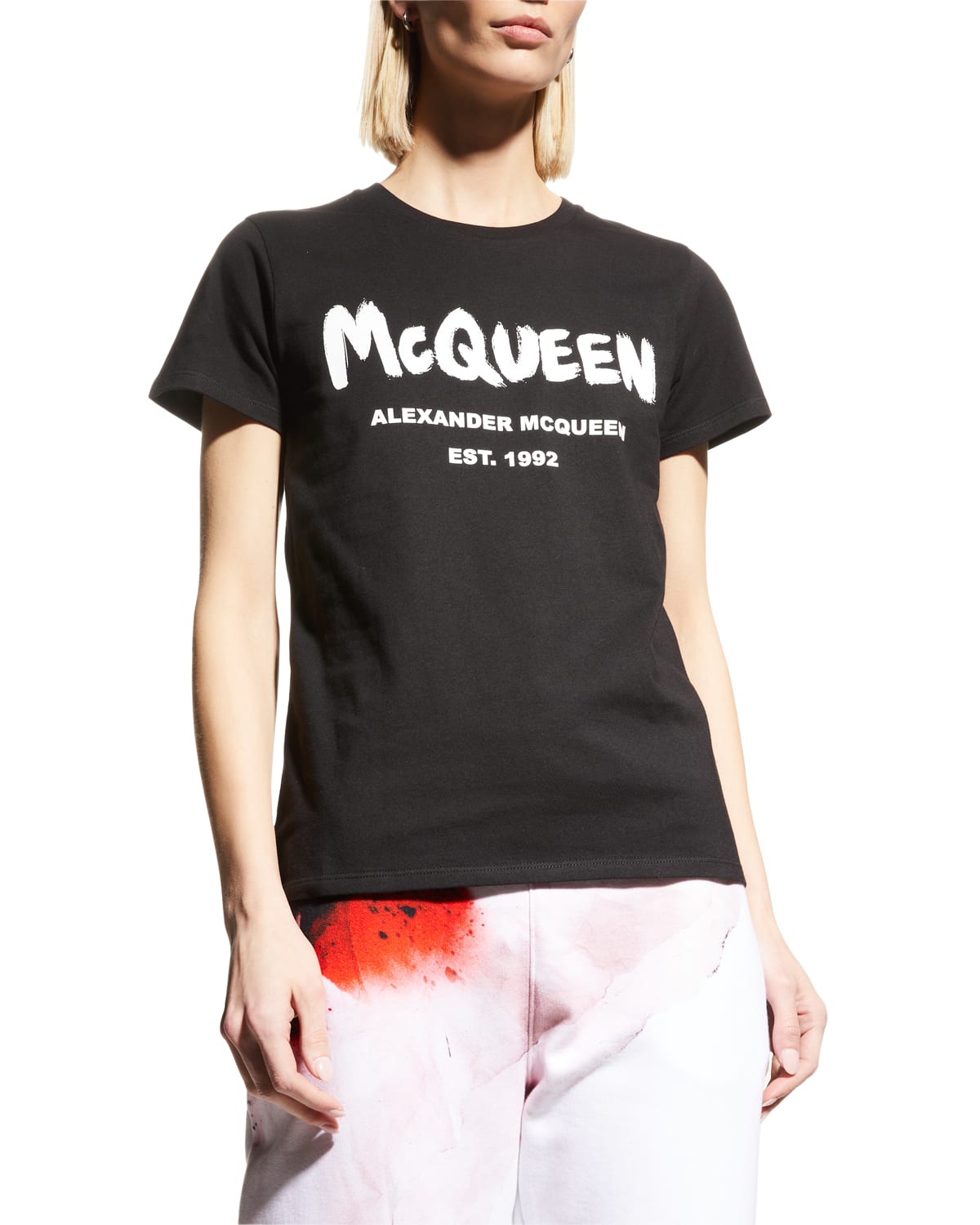 Alexander Mcqueen Black Cotton T-shirt With Logo Print In Black/whit