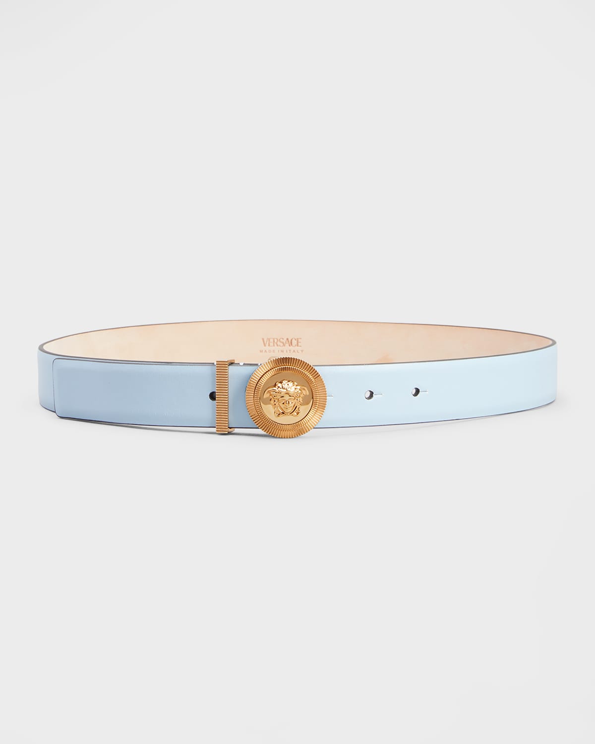 Versace Medusa Coin Leather Belt In 1v95v Ice Blue Ve