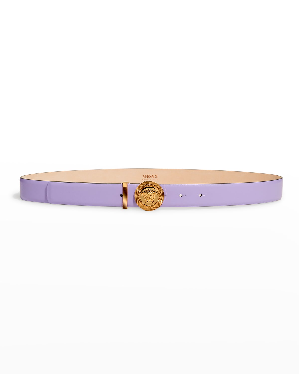 Versace Medusa Coin Leather Belt In Lilac Gold