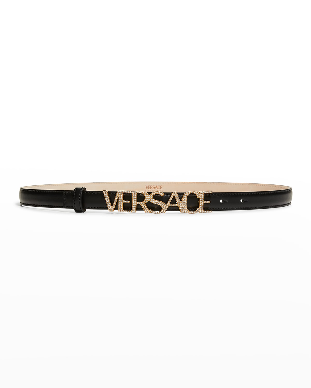 Shop Versace Logo-embellished Skinny Belt In Black / Gold