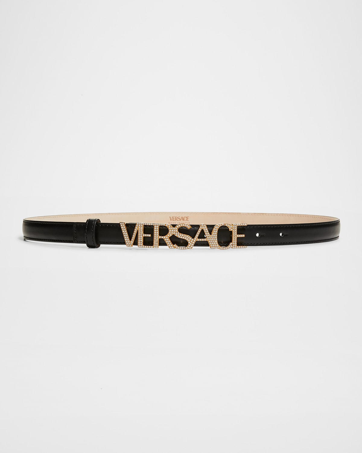 Shop Versace Logo-embellished Skinny Belt In Black / Gold