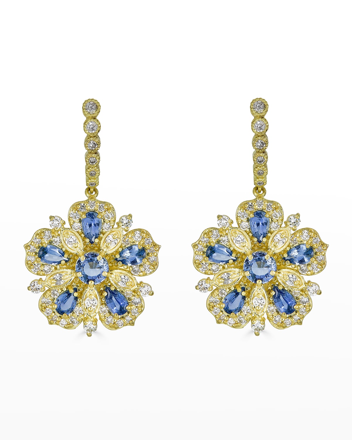 Yellow Gold Jasmine Bloom Earrings with Ceylon Sapphires and White Diamonds