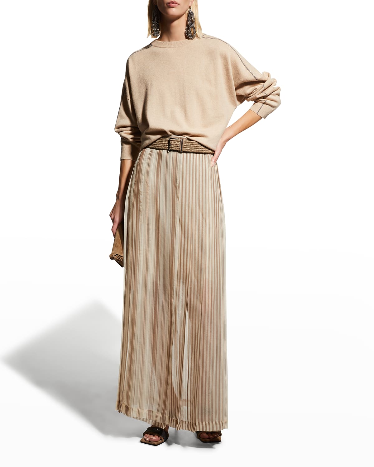 Brunello Cucinelli Striped Silk-georgette Wrap-effect Maxi Skirt In Beige