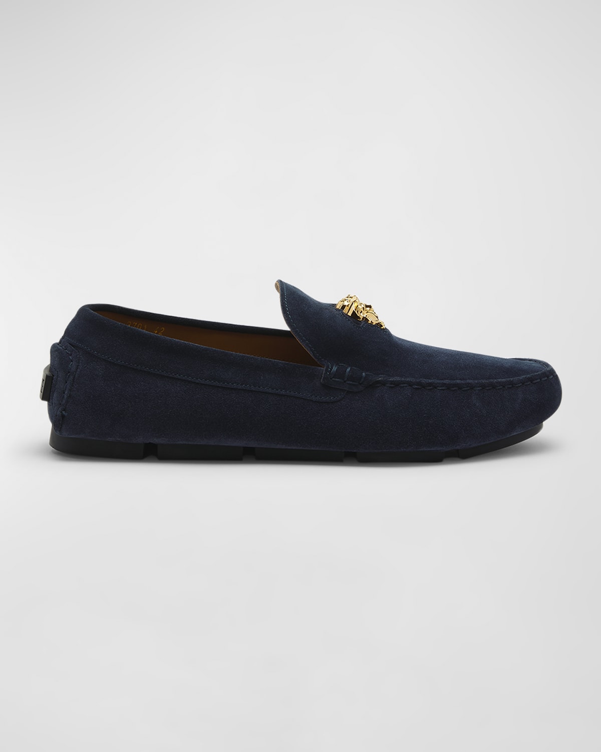 Shop Versace Men's Medusa Head Suede Drivers In Navy- Gold