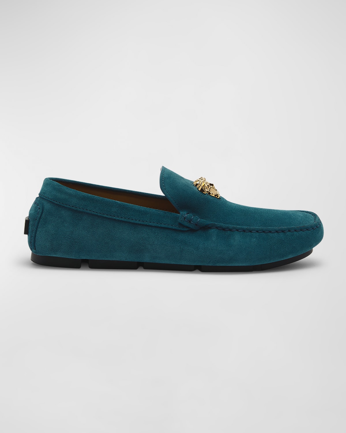 Versace Men's Medusa Head Suede Drivers In Dark Teal-