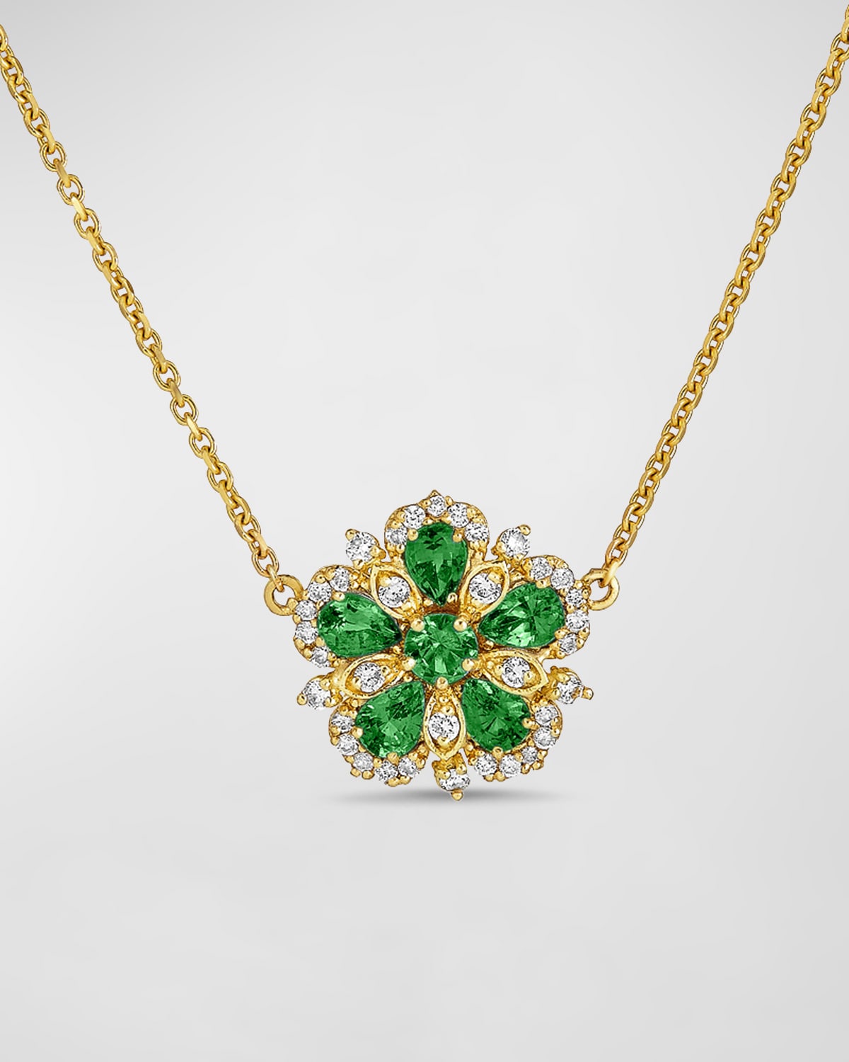 18k Yellow Gold Emerald and Diamond Flower Necklace