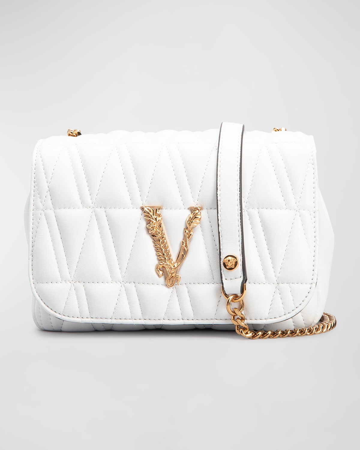 VERSACE Virtus Quilted Shoulder Bag in Bianco Ottico & Oro