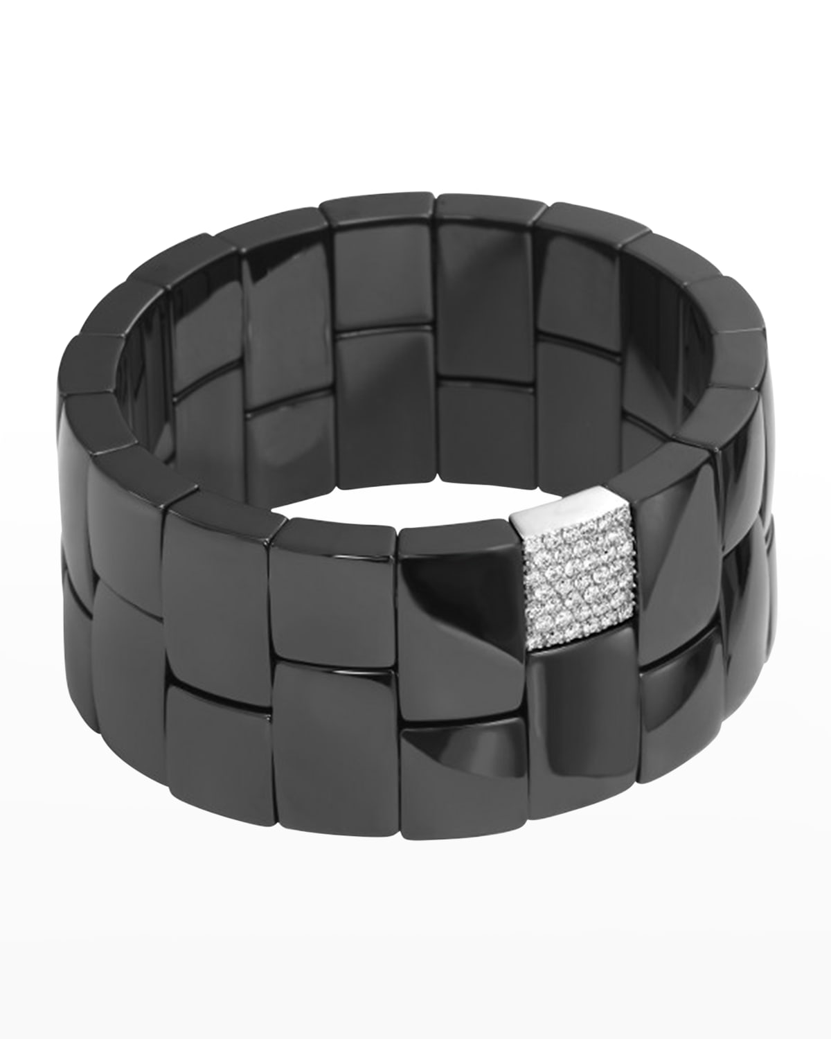 White Gold and Black Ceramic Domino 2-Row Stretch Bracelet with One Diamond Section