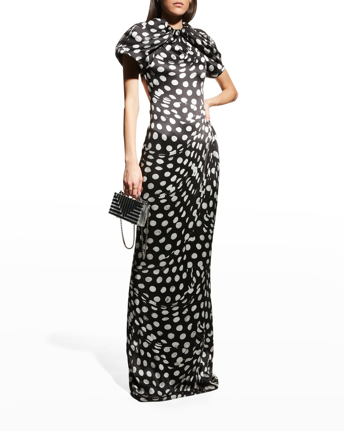 Brandon Maxwell Audrey Wave Dot-Print Puff-Sleeve Silk Gown w/ Open Back