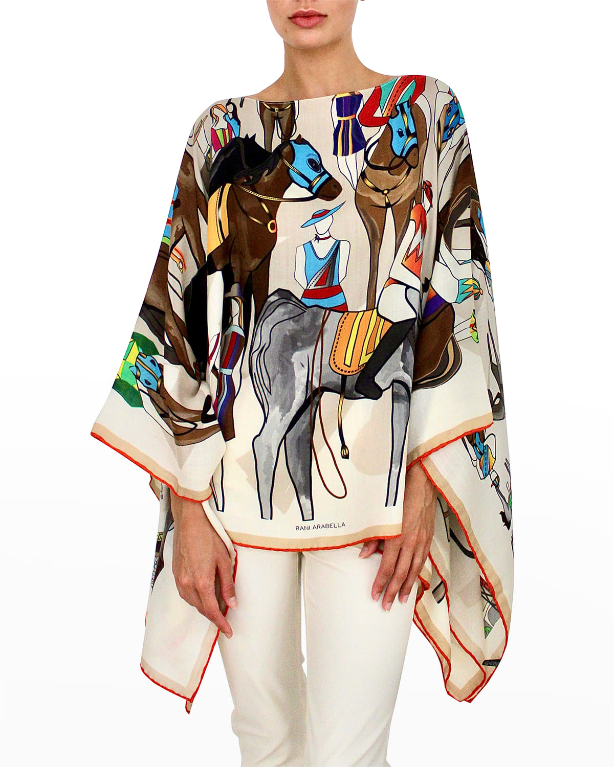 Horse Race Printed Cashmere-Blend Poncho