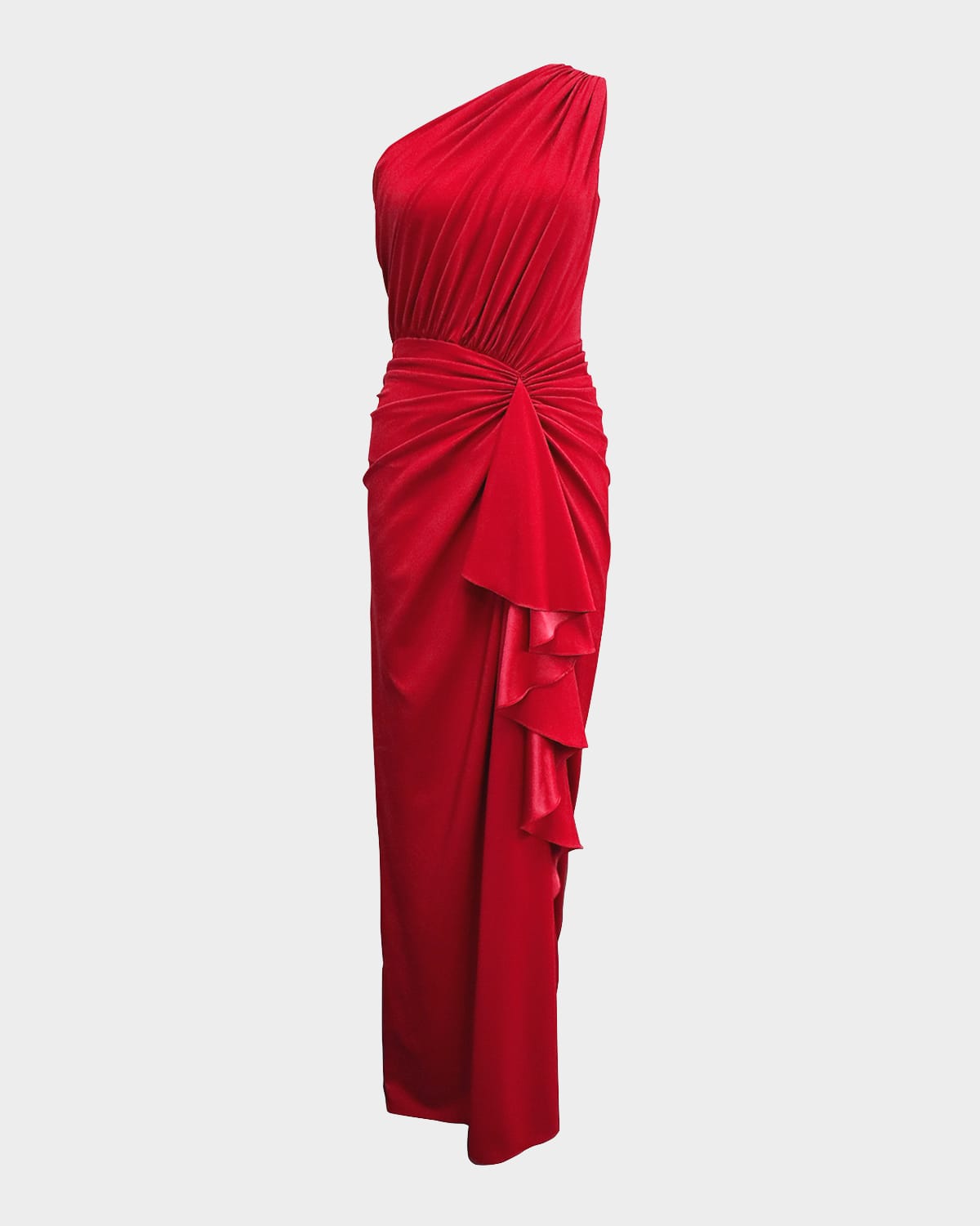 Tadashi Shoji One-shoulder Shirred Ruffle Gown In Pop Red ModeSens
