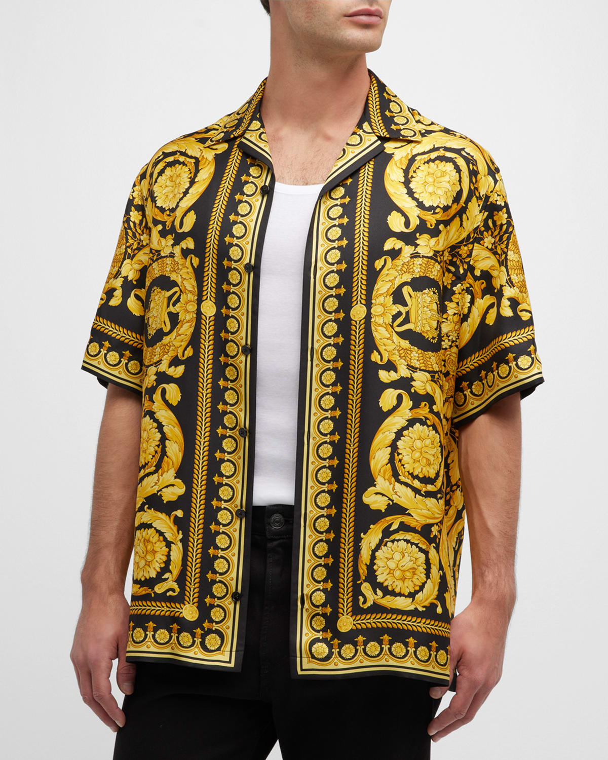 Shop Versace Men's Barocco Silk Camp Shirt In Black/gold