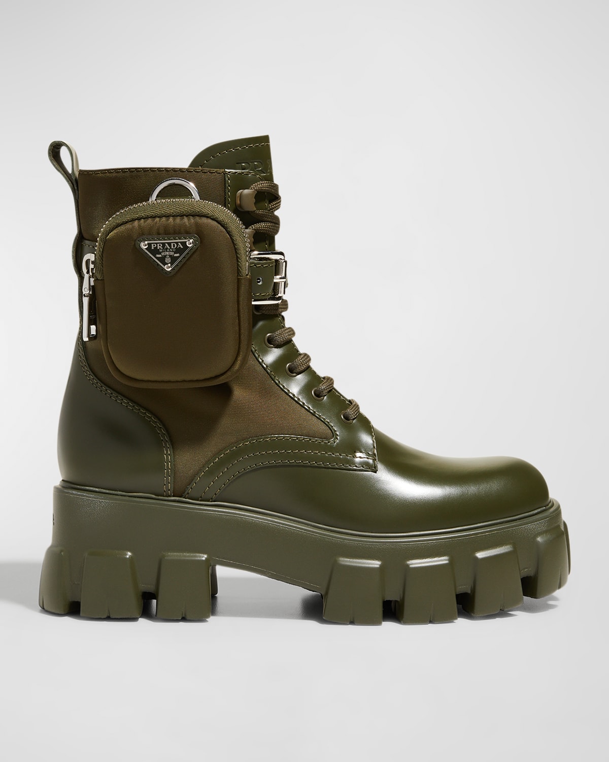 Prada Women's Monolith Leather & Nylon Lug-sole Combat Boots In Militare