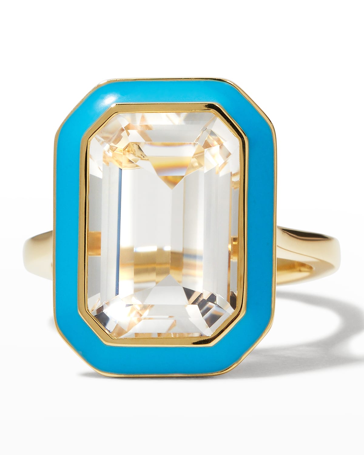 18K Queen Rock Crystal and Turquoise Enamel Ring, Size 6.5