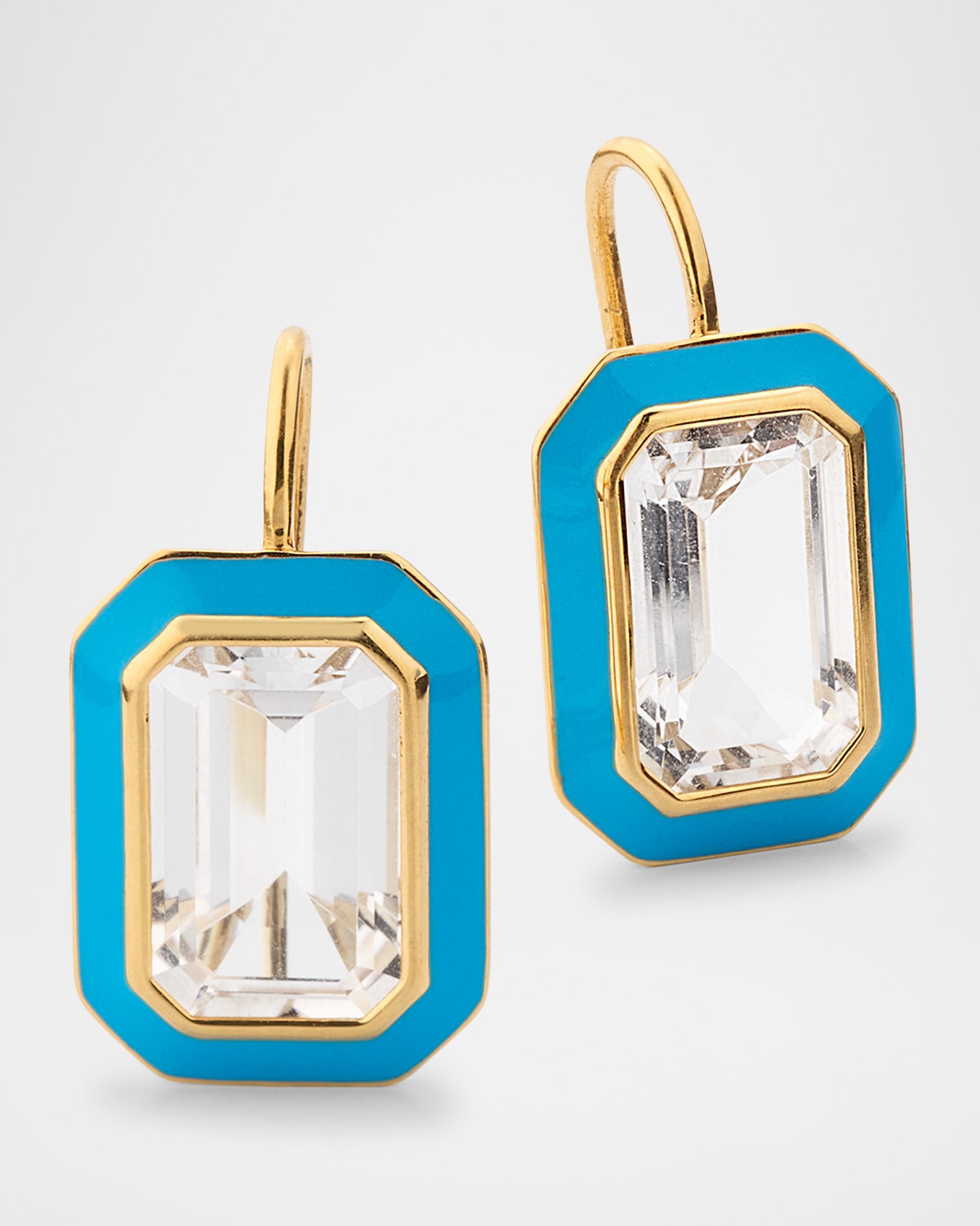 18K Queen Rock Crystal and Turquoise Enamel Hook Earrings
