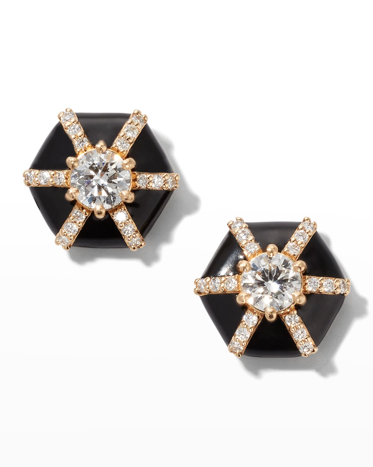 18K Queen Round Diamond and Black Enamel Stud Earrings