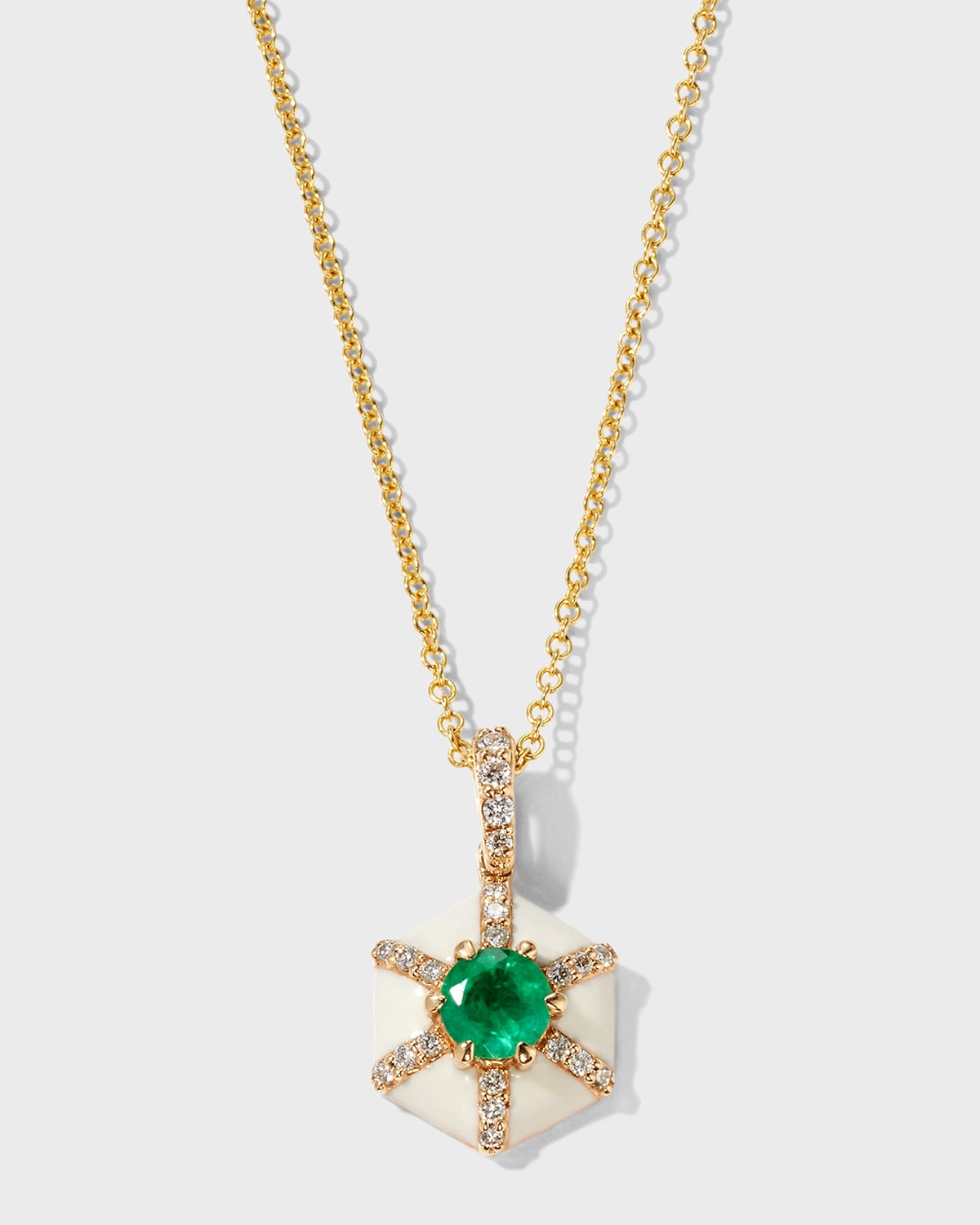 Goshwara 18K Queen Round Emerald and Diamond Pendant Necklace with White Enamel