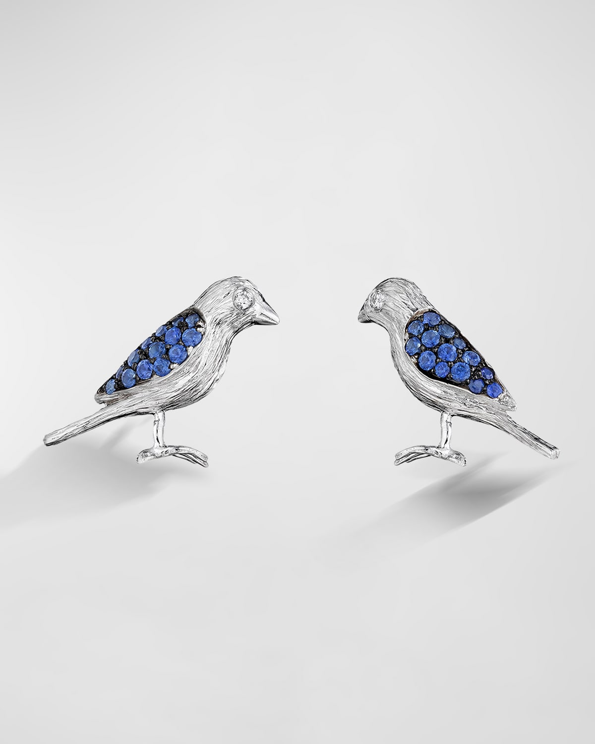 Oxidized 18K White Gold Wonderland Pave Blue Sapphire and Diamond Bird Stud Earrings