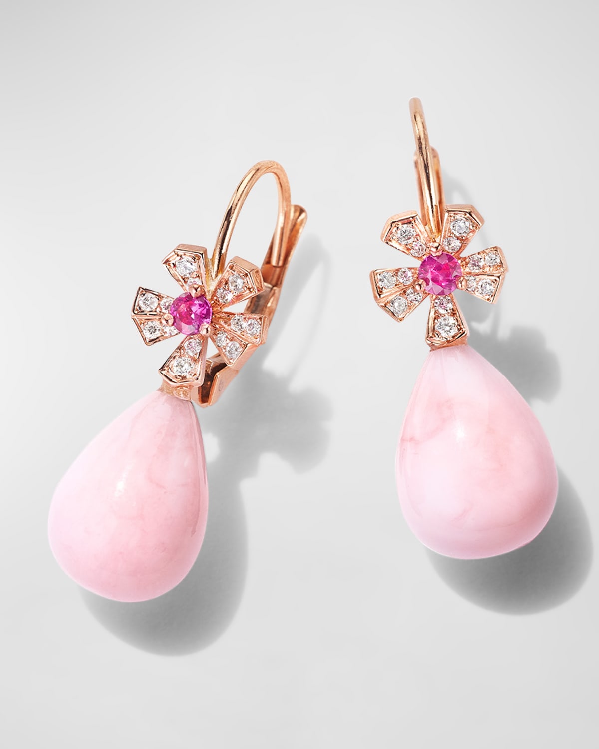 18K Rose Gold Wonderland Earrings with Pink Sapphires, Pave Diamonds and Pink Opal Drops