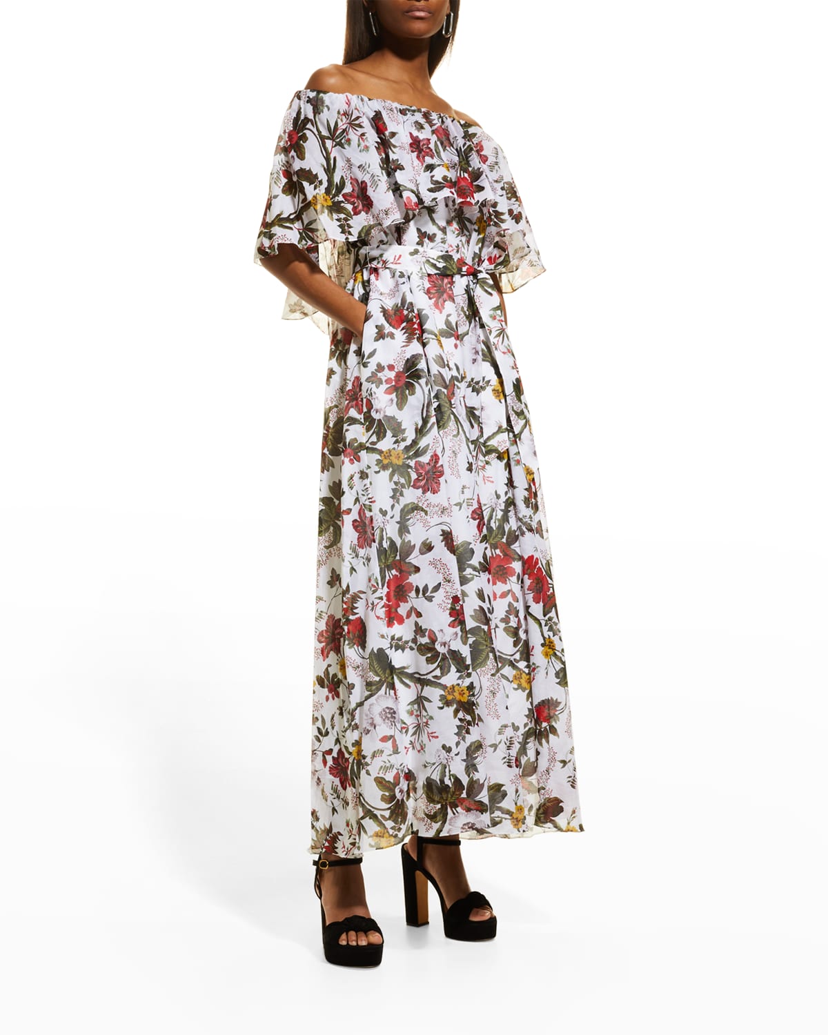 Algarve Floral-Print Off-The-Shoulder Ruffle Gown