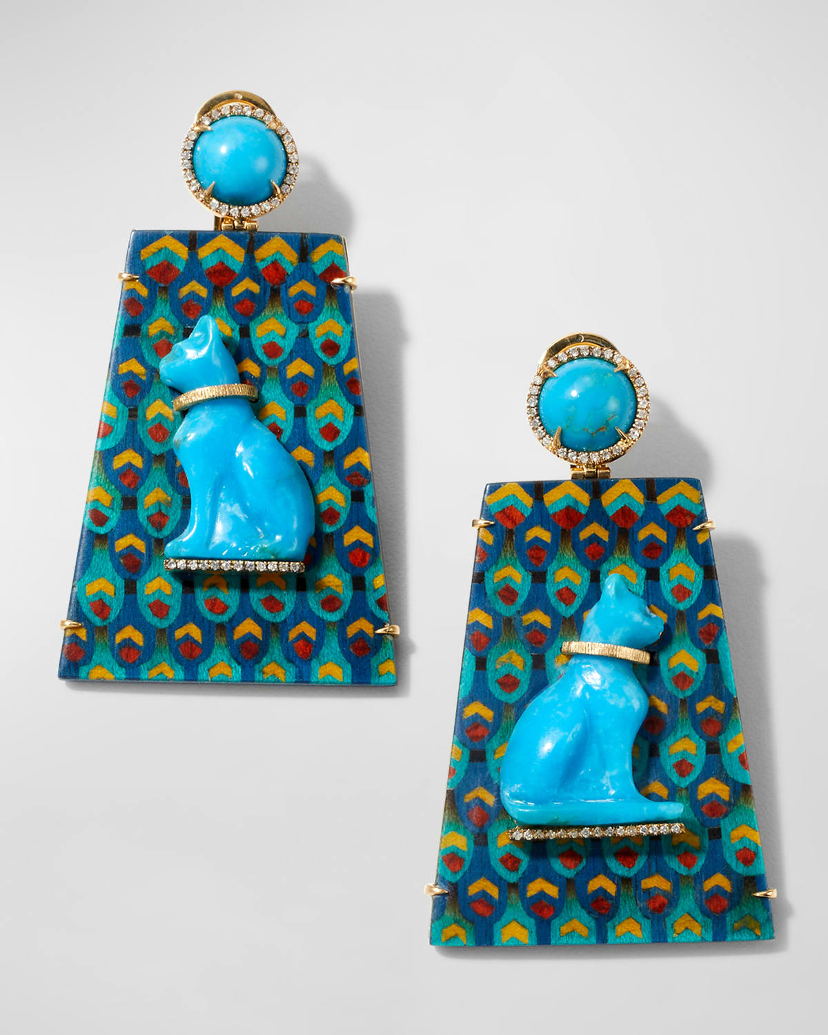 18K Yellow Gold Egypt Marquetry Earrings with Brown Diamonds and Turquoise