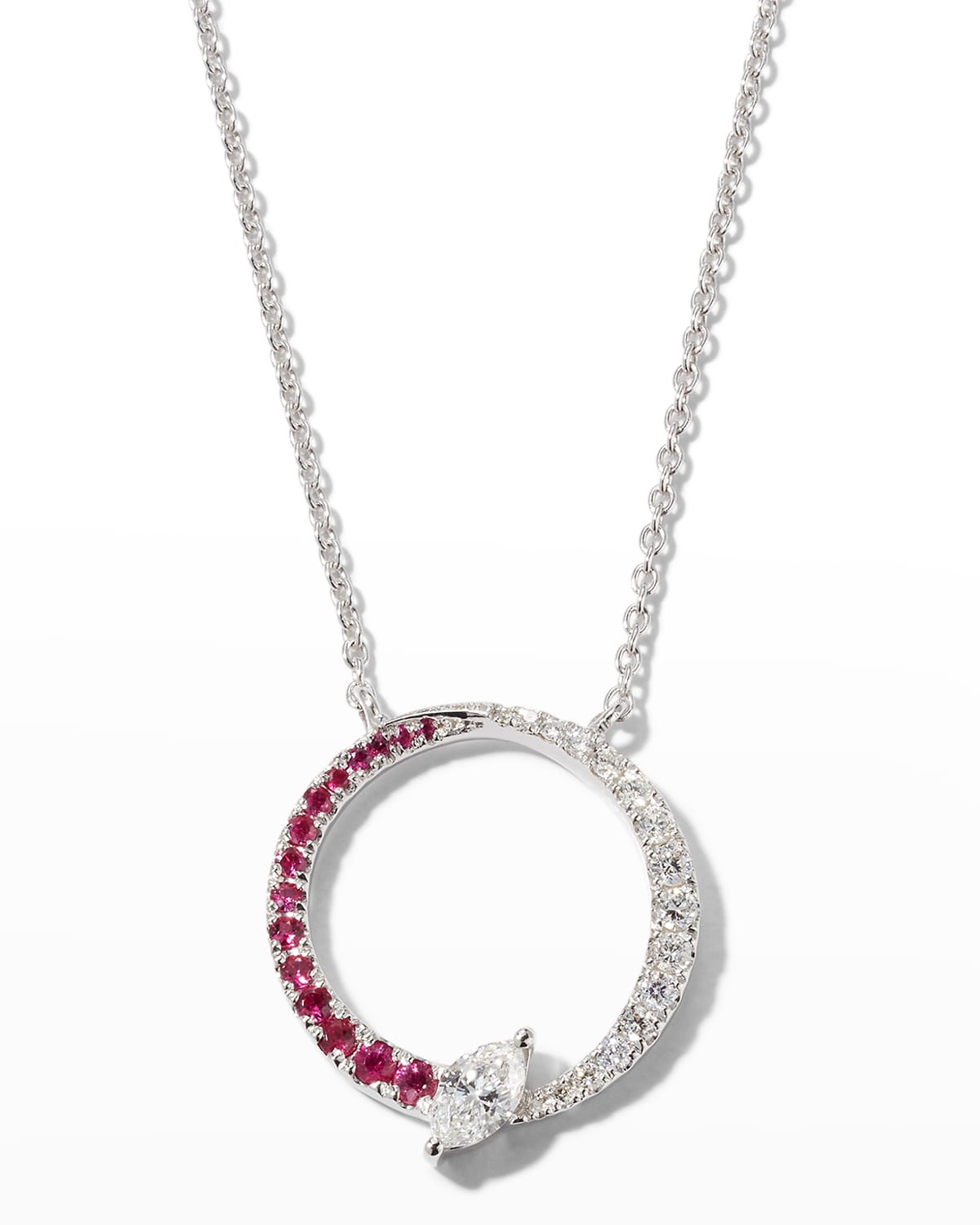 Frederic Sage 18k White Gold Marquise Half Ruby And Half White Diamond Halo Pendant Necklace