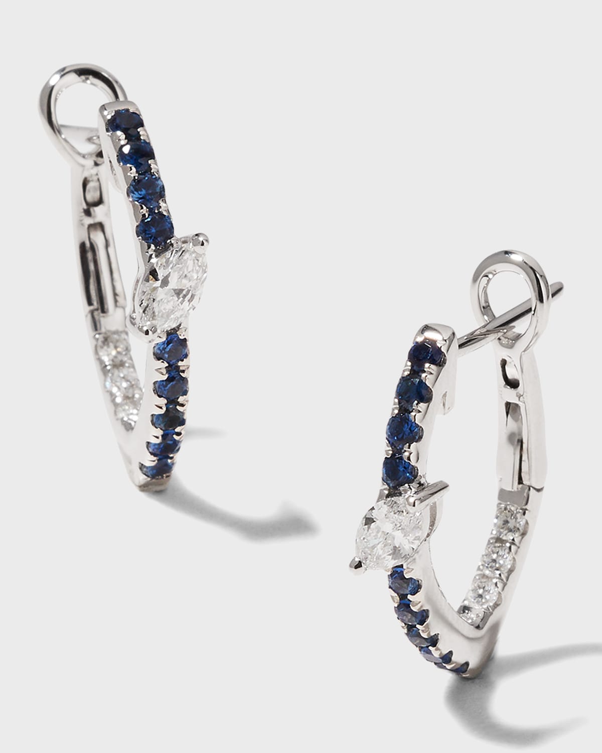 Marquise Center Diamond and Blue Sapphire Hoop Earrings