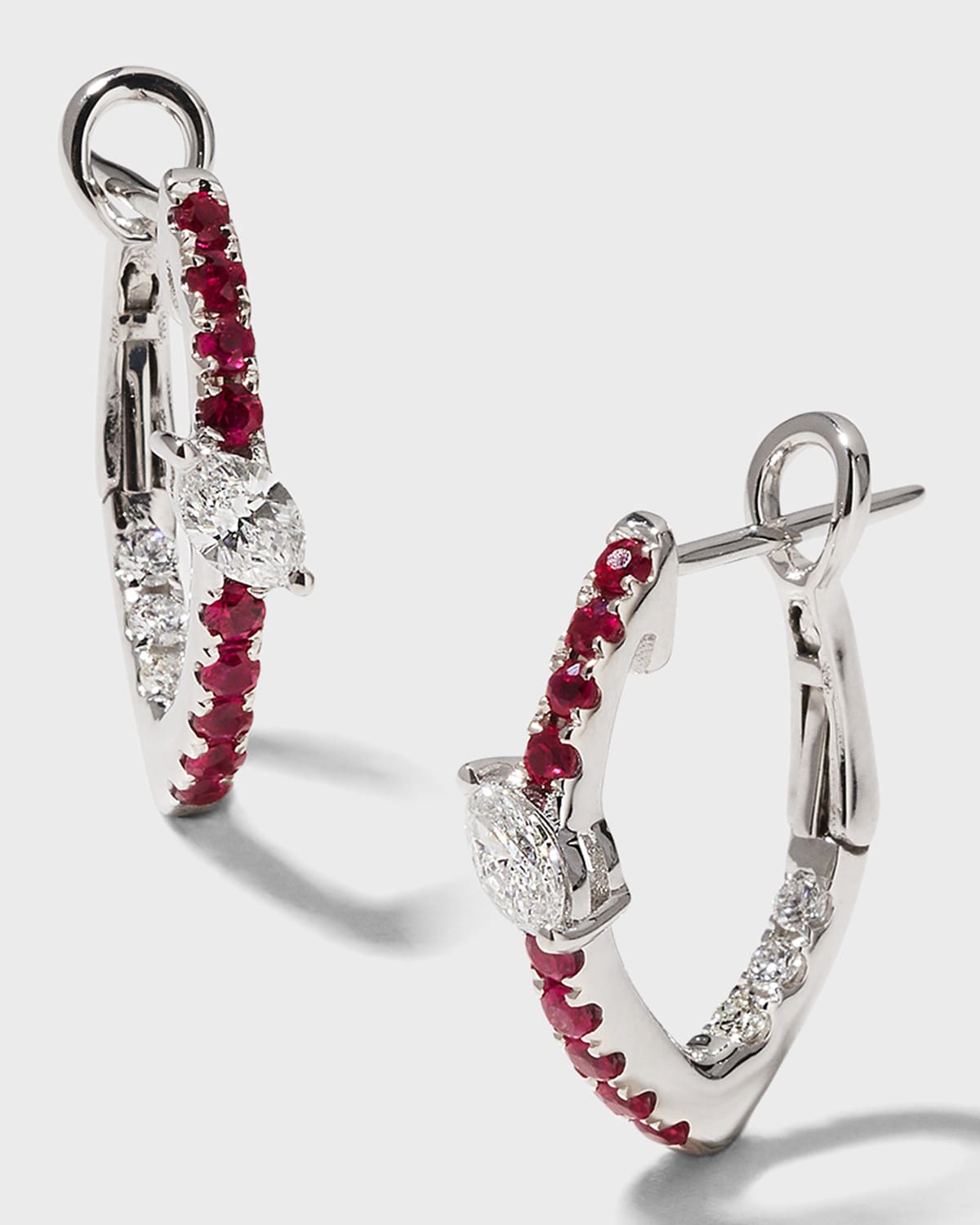 White Gold Small Slanted Marquise Center Ruby Hoop Earrings
