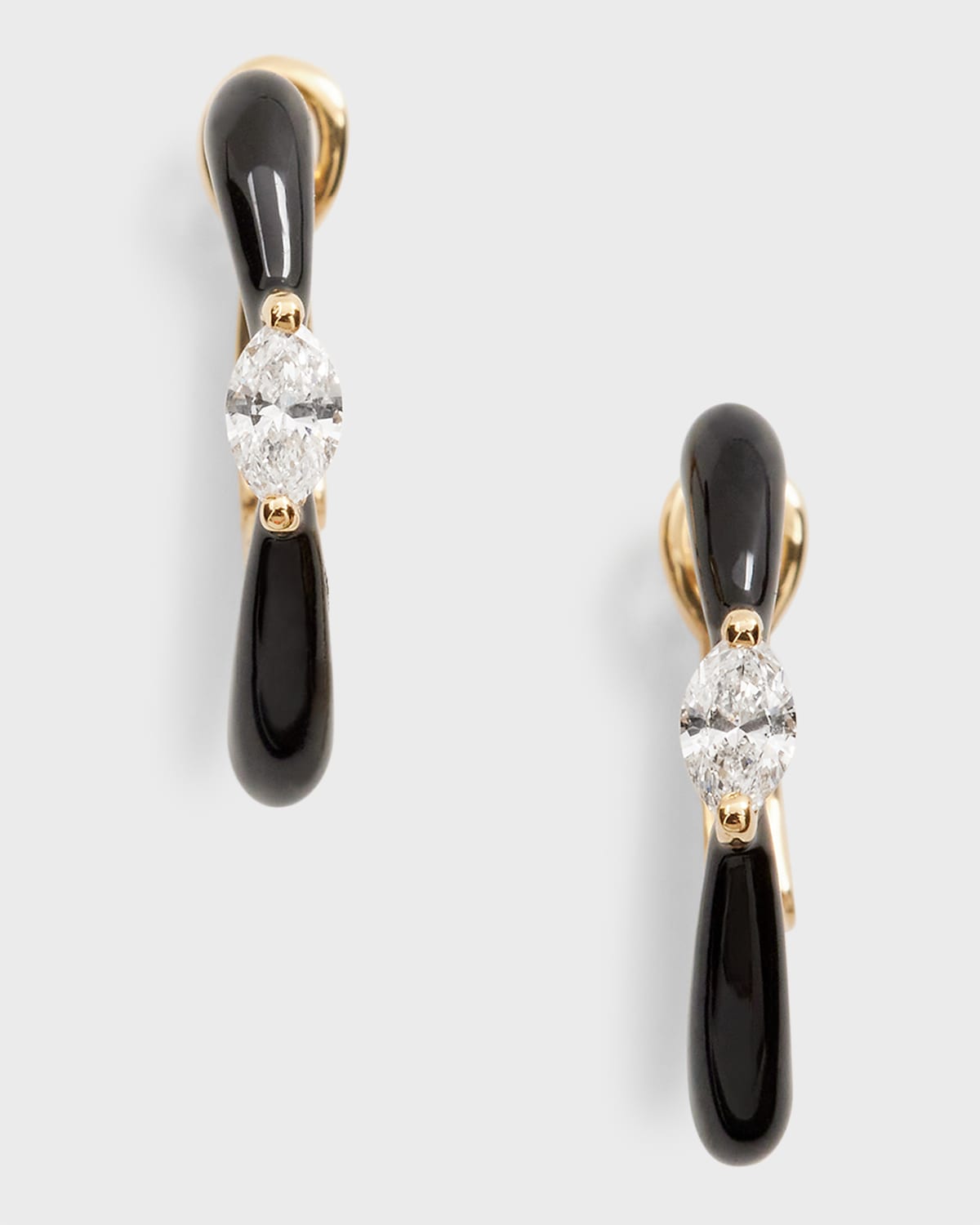 Yellow Gold Small Straight Marquise Center Black Enamel Hoop Earrings