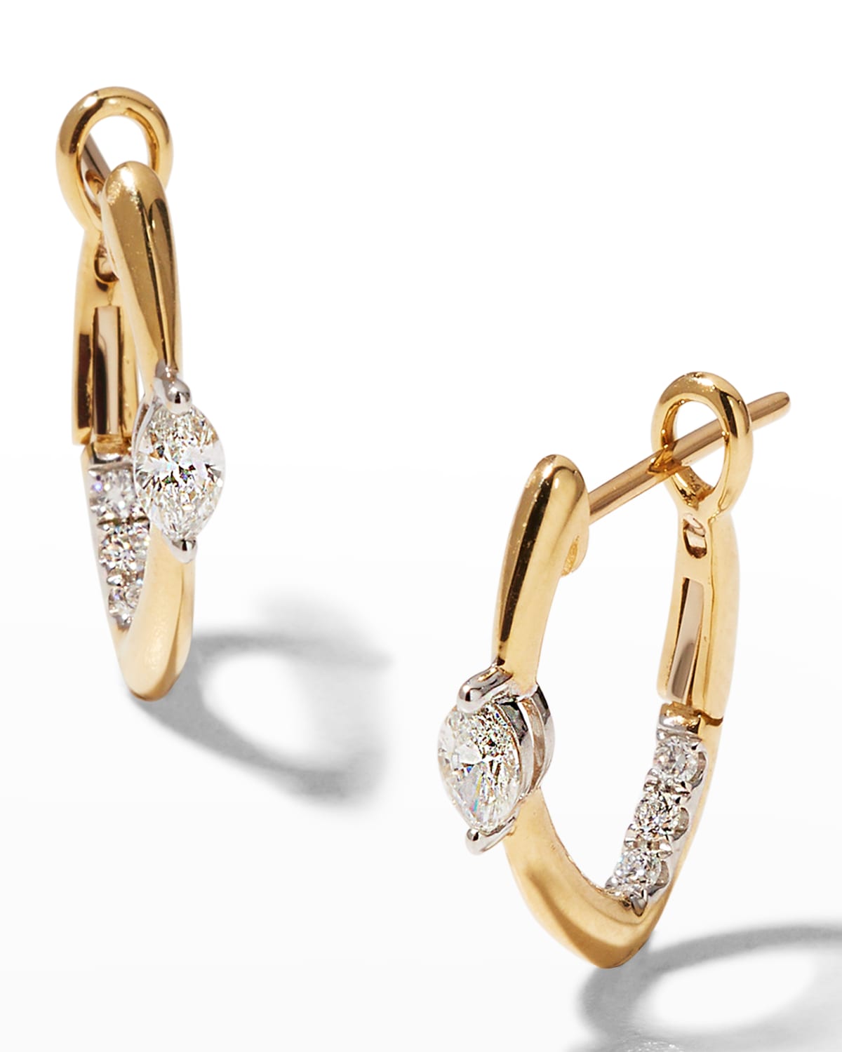 Yellow Gold Small Marquise Center Polished Front Diamond Hoop Earrings