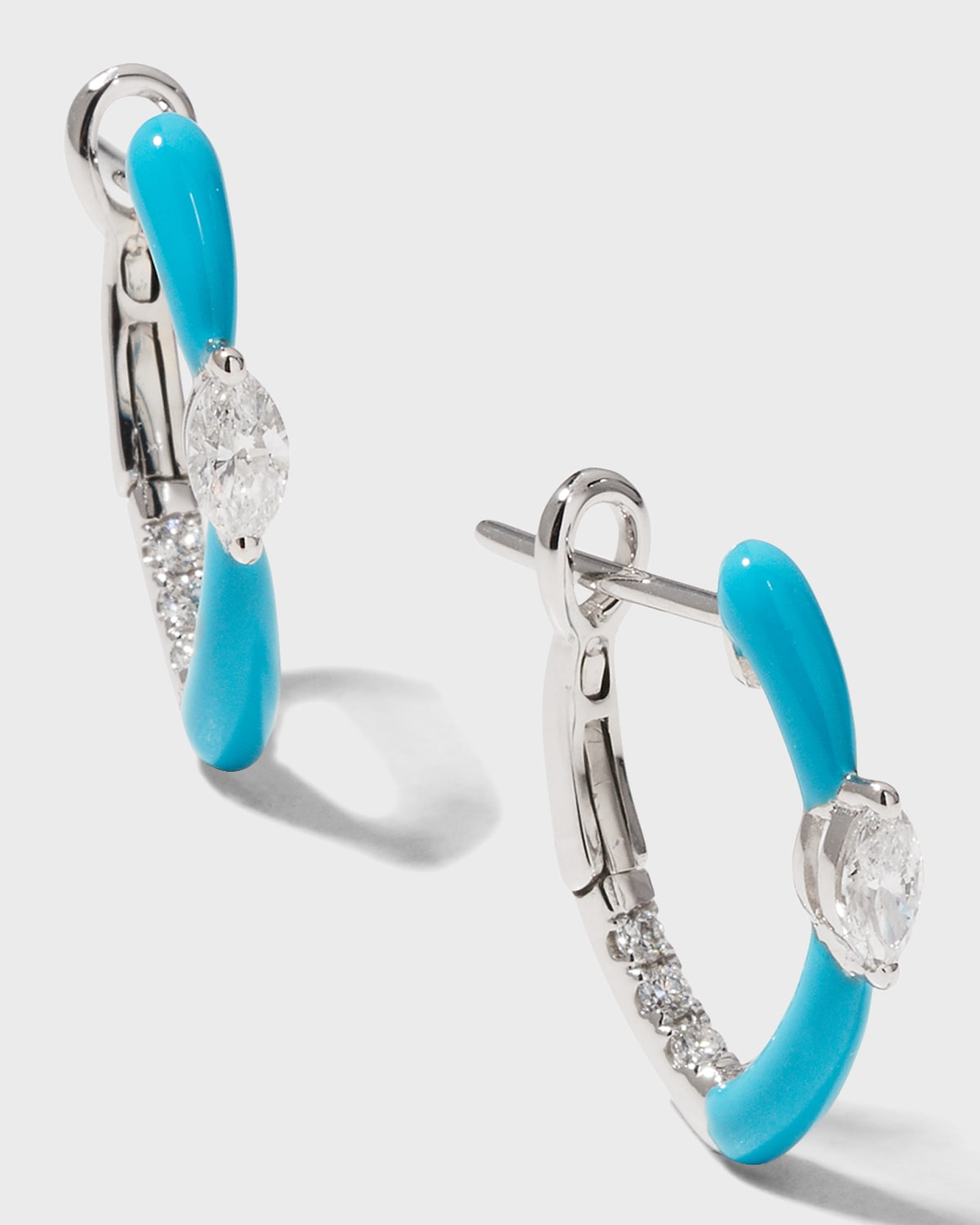 White Gold Marquise Center and Turquoise Enamel Hoop Earrings